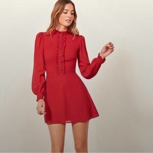 Reformation Mathilda Red Long-Sleeve Ruffle-Front mini button Dress 6